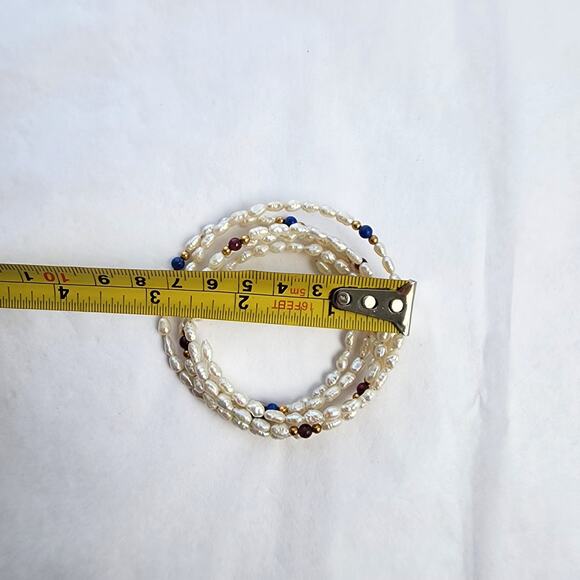 Wrap around bracelet genuine rice pearls white  Garnet gold beaded boho artisan - Picture 8 of 8